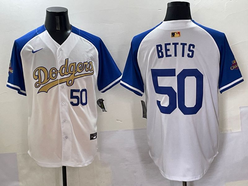 Men Los Angeles Dodgers #50 Betts White Blue Champion gold character Nike 2025 MLB Jersey style 5053->los angeles dodgers->MLB Jersey